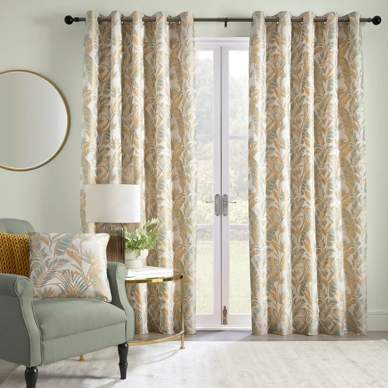 Laurence Llewelyn-Bowen - Ochre/White Tropical Palm Tree Curtains W46 x L54 (117 x 137cm) - Jacquard Curtains w/Floral Leaf/Fern - Luxury Drapes for Living Room/Bedroom- Paradise Palm Collection