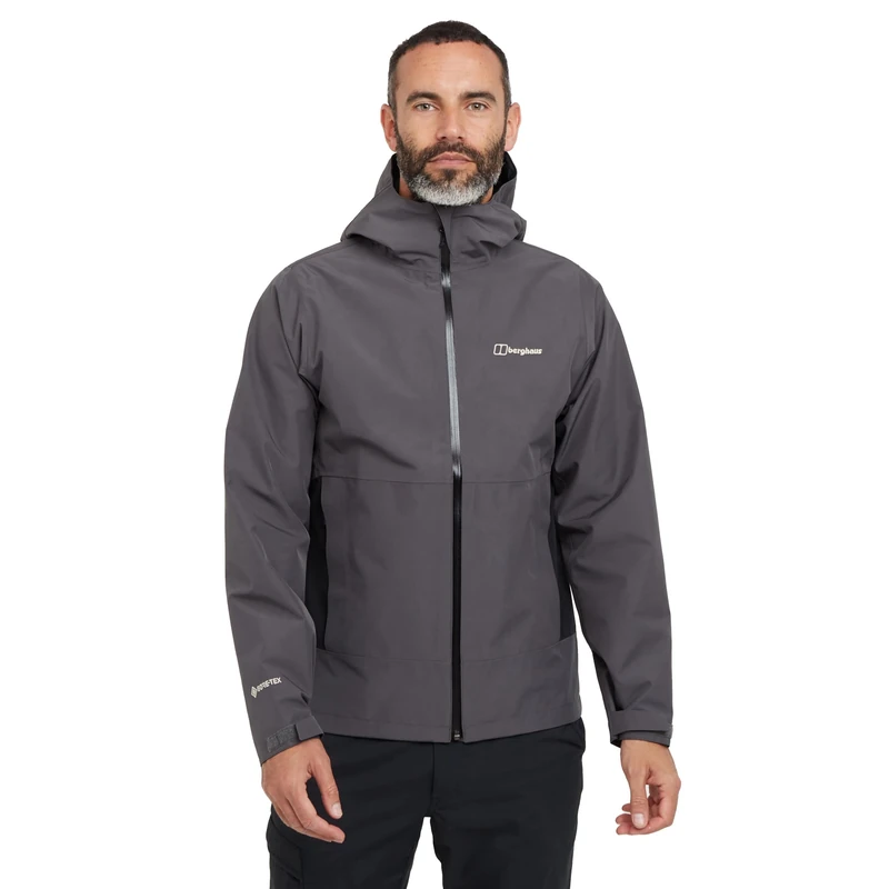 Berghaus Men's Bramblfell Gore-Tex Interactive Jacket | Waterproof | Breathable | Adjustable Hood, Grey Pinstripe/Jet Black, 3XL