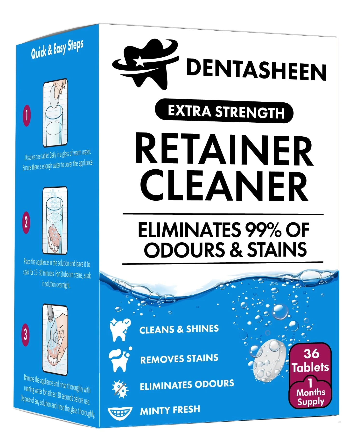 Retainer Cleaner Tablets - 36 Tablets 1 Months Supply - Fresh, Brite and Stain-Free Retainer Cleaning Tablets, Aligner, Gum Shield, Mouth Guard, Denture Cleaners - Dentasheen