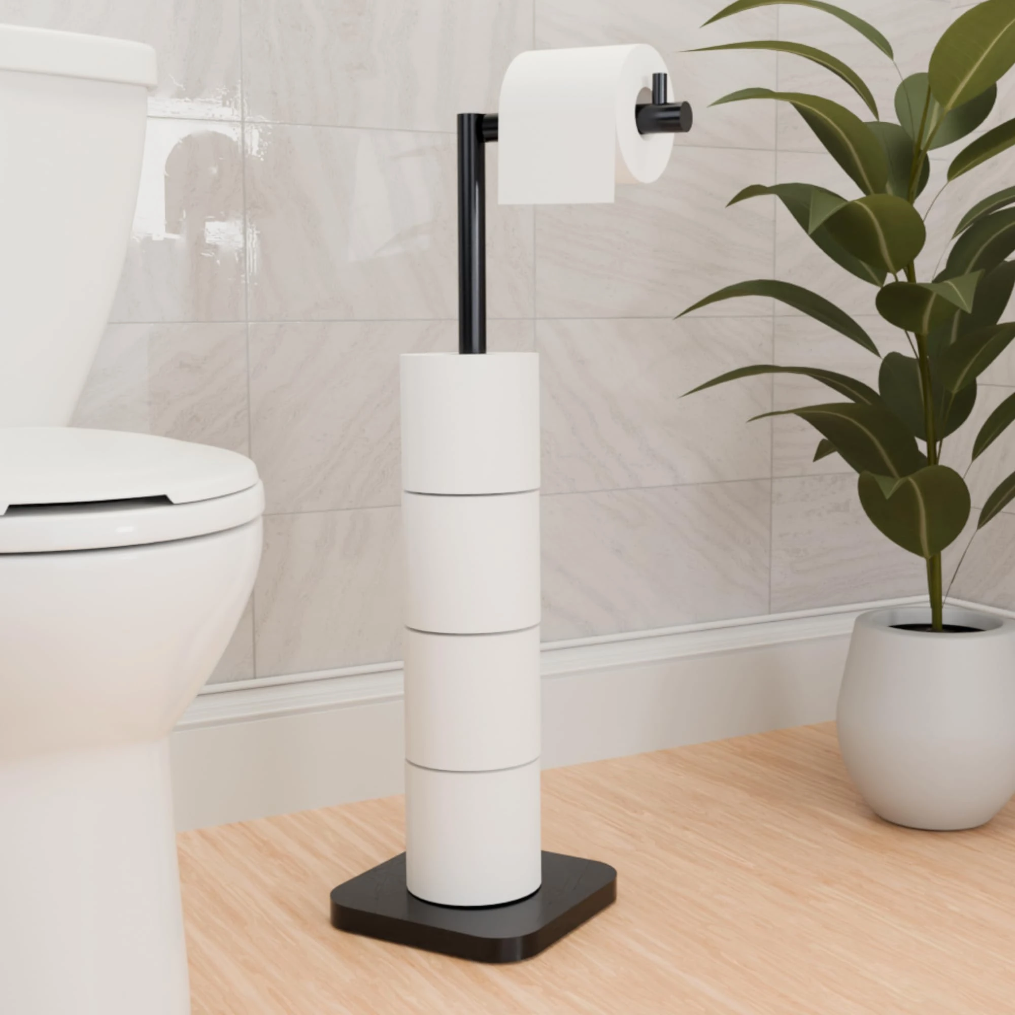 Toilet Roll Holder Free Standing – Toilet Roll Stand for 5 Rolls – Stainless Steel Loo Roll Holder with Heavy Stable Base – Pedestal Free Standing Toilet Roll Holder for Bathroom (Black)