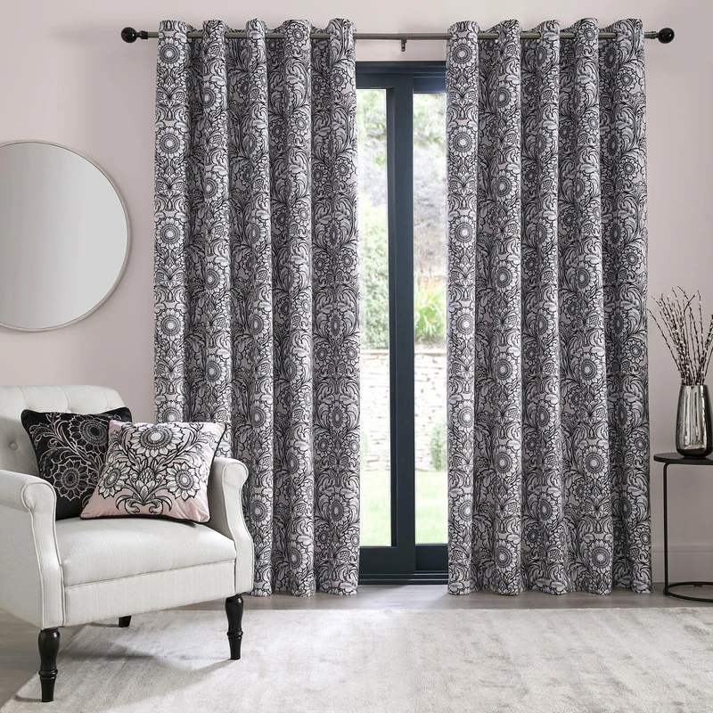 Laurence Llewelyn-Bowen Black & Natural Floral Blackout Curtains - W66 x L54" (168 x 137cm) - Thermal Insulated Mandala Bohemian Drapes for Living Room & Bedroom