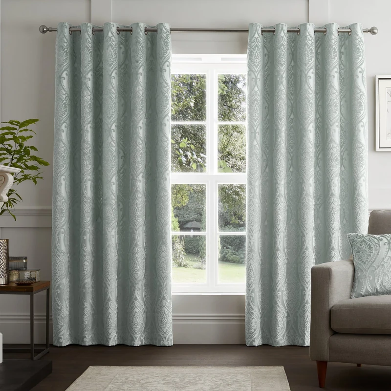 Curtina - Duck Egg Blue Damask Curtains W66 x L90 (168 x 229cm) - Light Blue Jacquard Eyelet Curtains - Botanical Luxury Curtains & Drapes for Living Room & Bedroom - Traditional Drapes/Door Curtain