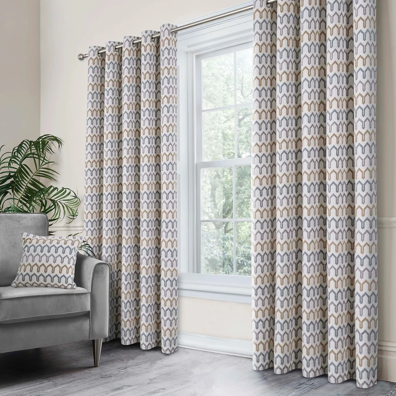 Curtina - Grey Woven Curtains W90 x L90 (229 x 229cm) - Geometric Eyelet Curtains in Grey/Natural Tones - Chenille Pattern Drapes for Living Room/Bedroom - Door Curtain - Arcadia Collection