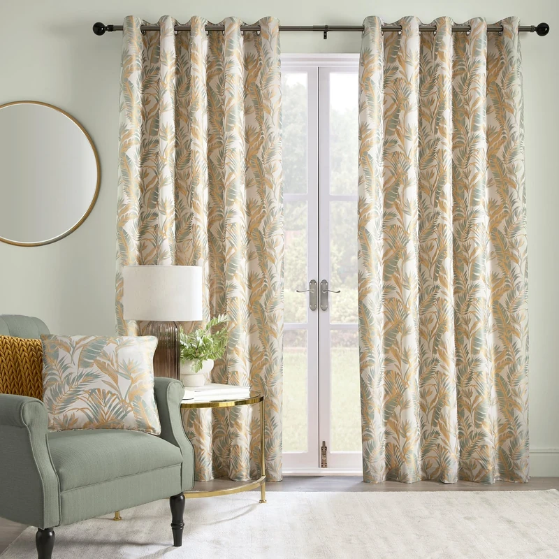 Laurence Llewelyn-Bowen - Ochre/White Tropical Palm Tree Curtains W66 x L72 (168 x 183cm) - Jacquard Curtains w/Floral Leaf/Fern - Luxury Drapes for Living Room/Bedroom- Paradise Palm Collection