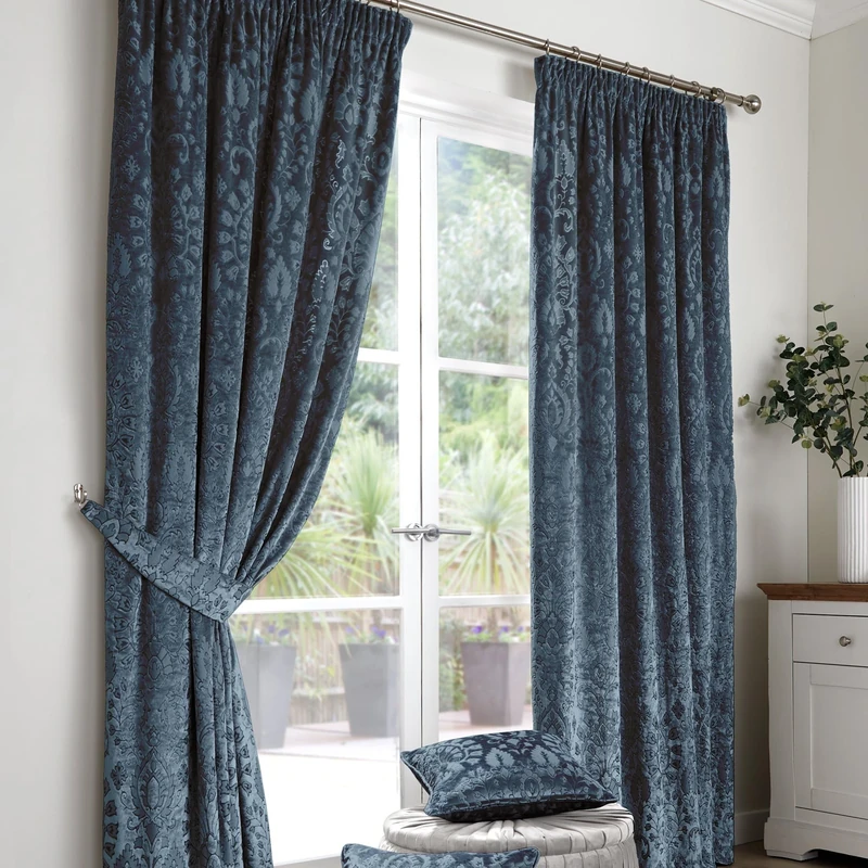 Curtina - Navy Velvet Damask Curtains W66 x L72" (168 x 183cm) - 2 Tie Backs Included - Damask Curtains - 2 Velvet Curtain Panels - Woven Curtains in Navy Blue - Luxury Curtains & Drapes