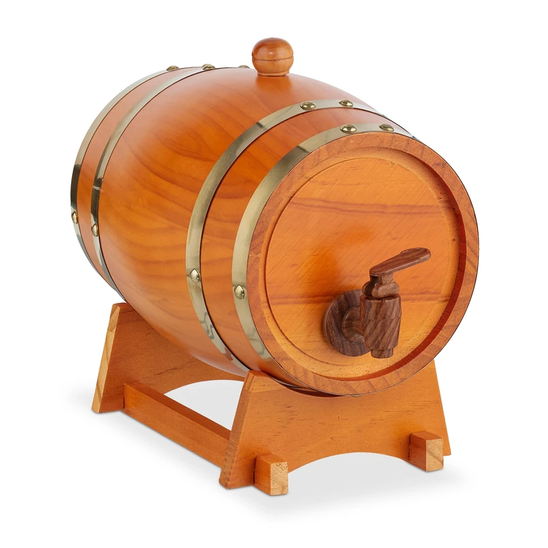 Relaxdays Small Wooden Barrel, 2.2 l, Cask with Trestle & Tap, for Wine & Spirits, Decorative Schnapps Keg, Light Brown