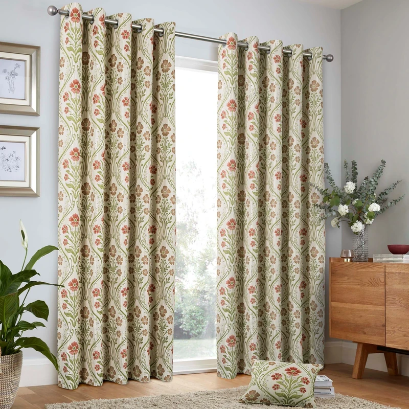 Curtina - Natural Linen Floral Woven Curtains W66 x L90" (168 x 229cm) - Cream Eyelet Curtains with Flowers - Traditional Curtains & Drapes for Living Room & Bedroom - Botanical Jacquard Curtains
