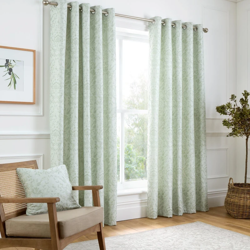 Curtina - Sage Green Floral & Bird Woven Curtains W66 x L90 (168 x 229cm) - Vintage Green Flower Eyelet Curtains - Traditional Curtains & Drapes for Living Room & Bedroom - Jacquard Thermal Curtains