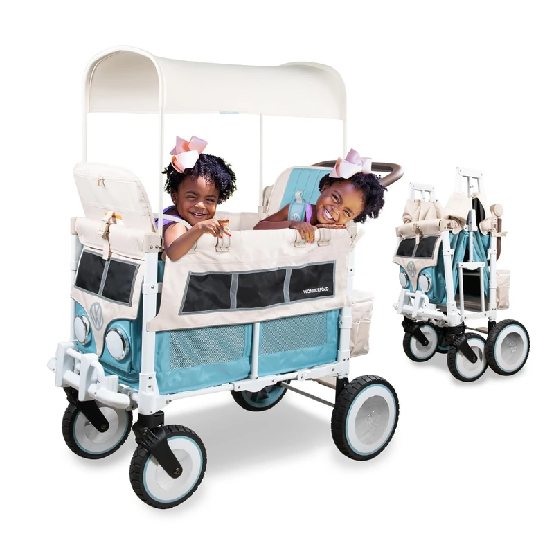 WONDERFOLD Volkswagen Stroller Wagon (2 Seater) - Collapsible Wagon with Classic VW Bumper, Headlights, and Retro All-Terrain XL Wheels, Bondi Blue