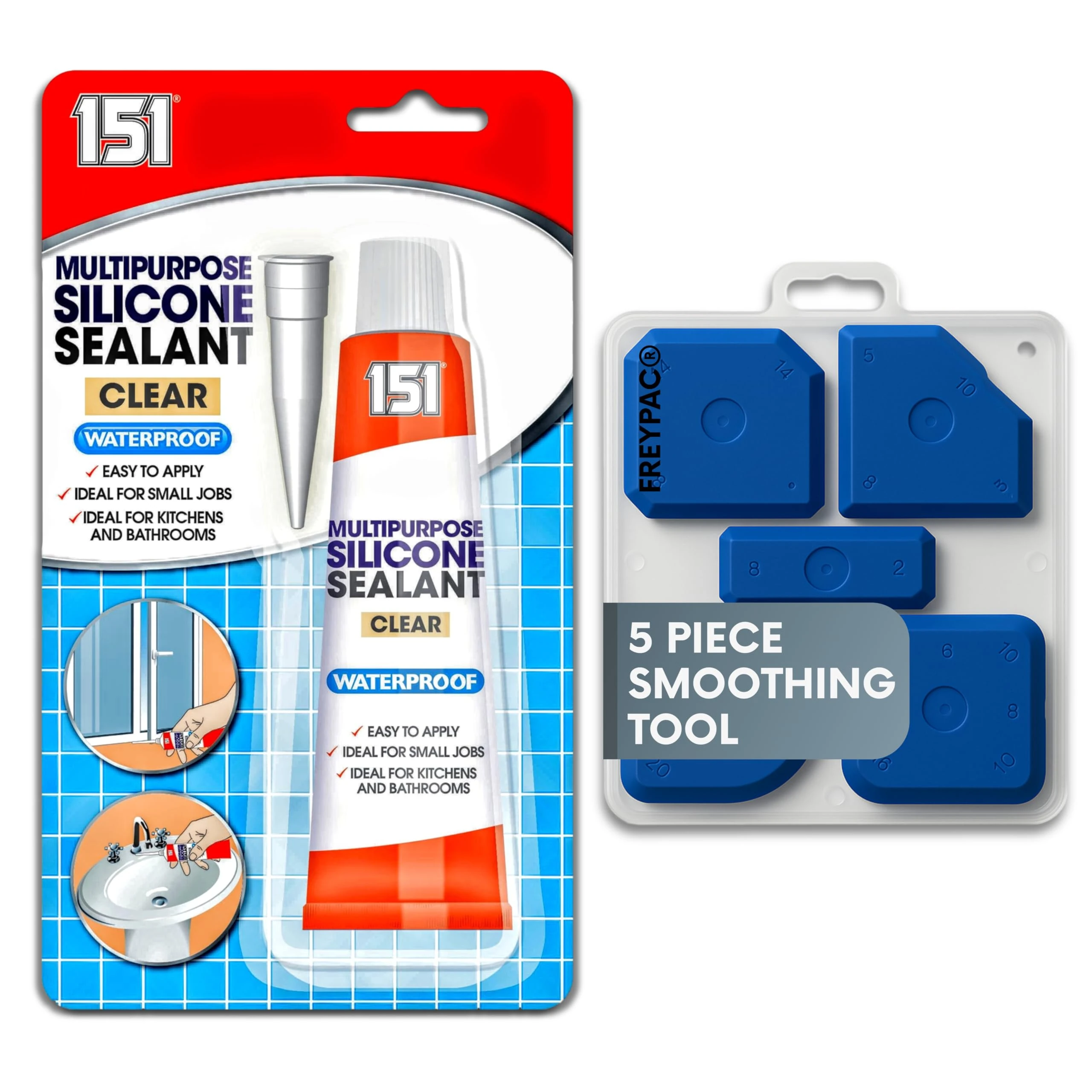 151 Clear Waterproof Silicone Sealant with 5 Piece Sealant Smoothing Tool Finishing Kit, Perfect for the Bath, Shower, Tiles, Aquariam Repairs, 70g, FREYPAC Bundle