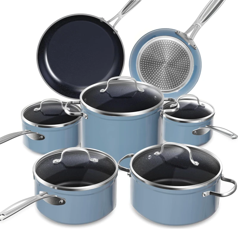 Nuwave Induction Ready Hob Pan Set 12 Pieces G10 Duralon Blue Ceramic, Non Stick Pots and Pans Sets, Cooking Pan Set, Pans, Cookware with Lids, Saucepan Pots and Frying Pans, PFAS Free
