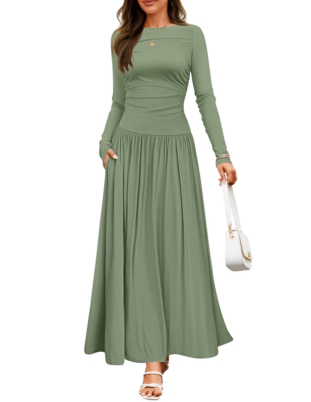 ZESICA Women's Long Sleeve Fall Maxi Dress 2025 Crewneck Knit Casual Slim Swing Pleated Dresses with Pockets, Bean Green, S