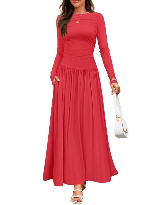 ZESICA Women's Long Sleeve Fall Maxi Dress 2025 Crewneck Knit Casual Slim Swing Pleated Dresses with Pockets, Red, L