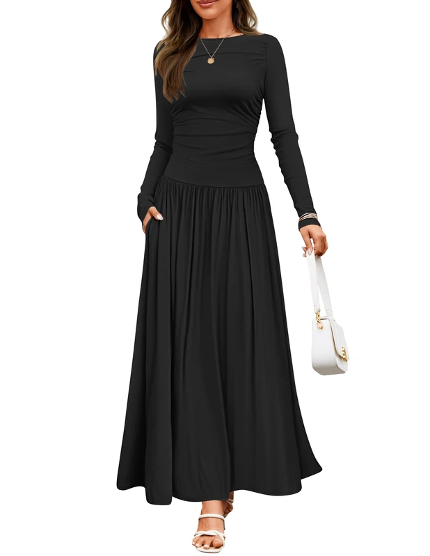 ZESICA Women's Long Sleeve Maxi Dress 2024 Fall Crewneck Knit Casual Slim Swing Pleated Dresses with Pockets, Black, S