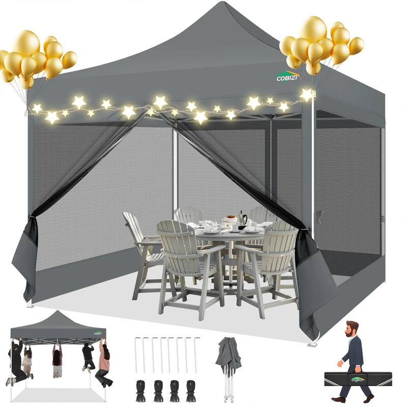 COBIZI Gazebo 3 x 3 Folding Gazebo 3 x 3 Waterproof Stable Party Tent Garden Gazebo UV Protection with 4 Mesh Side Walls Grey