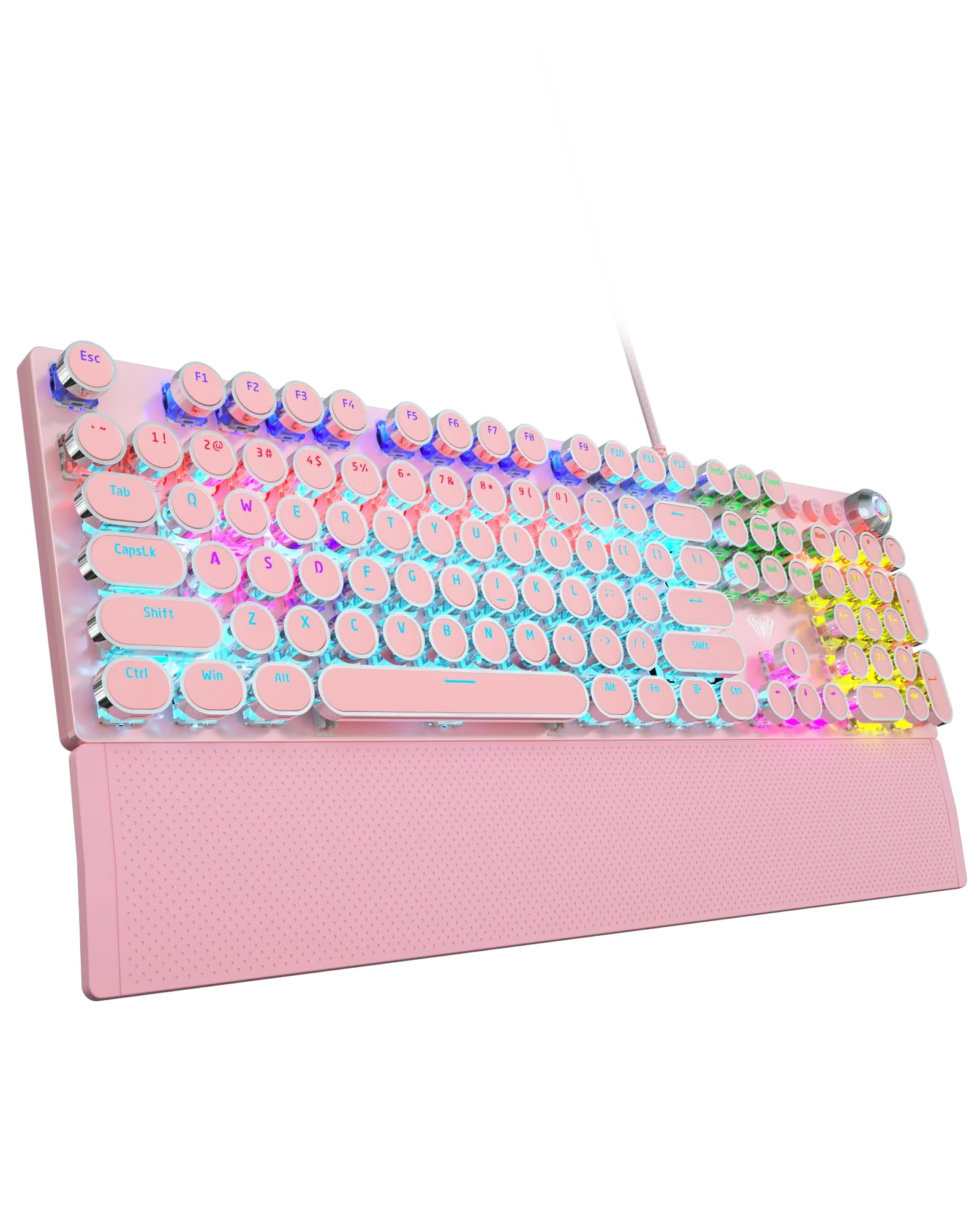 AULA F2088 Typewriter Style Mechanical Gaming Keyboard Blue Switch, with Removable Wrist Rest, Media Control Knob, Rainbow Backlit, Retro Punk Round Keycaps, 108 Keys Wired Computer Keyboard, Pink