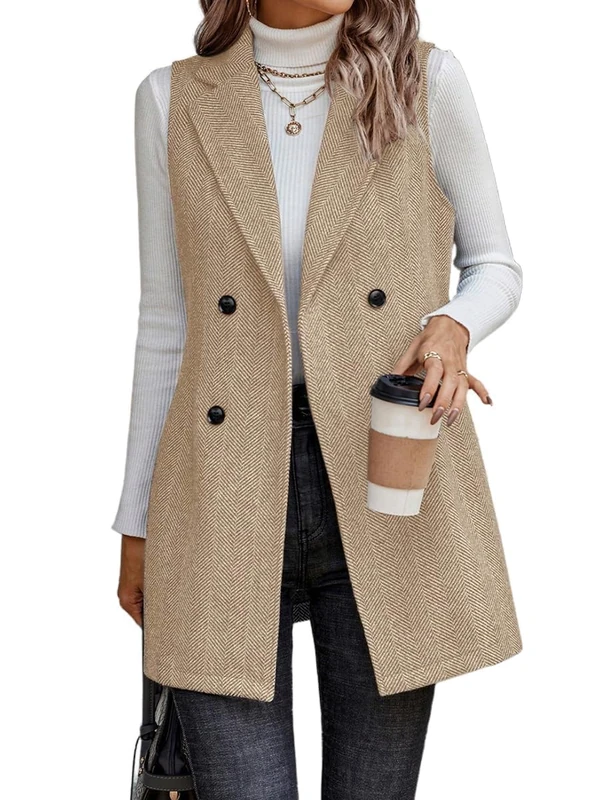 IDEALSANXUN Long Vest for Women Sleeveless Tweed Blazer Fall Jackets Cardigan Outerwear, Khaki, Medium