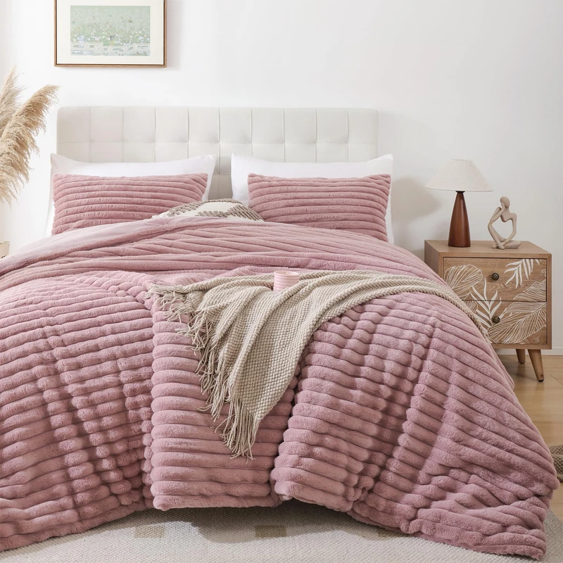 Smoofy Fluffy Queen Comforter Set 3 Pieces - Old Pink Fleece Fluffy Comforter Set, Luxury Fuzzy Queen Bedding Set, Soft Warm Bed Set All Season, Heavy Faux Fur Comforter with 2 Pillow Cases