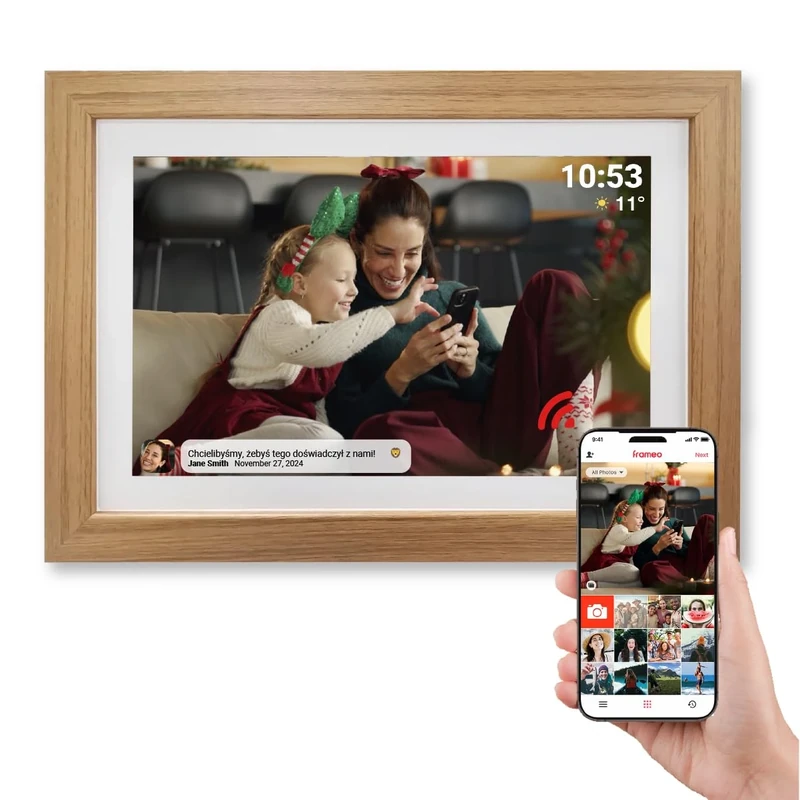 Denver PFF-1543LW Digital Wi-Fi Picture Frame - 15.6 Inch Full HD IPS Touch Screen, Integrated FRAMEO Software, Wireless Sharing, Timer Function, Light Wooden Frame