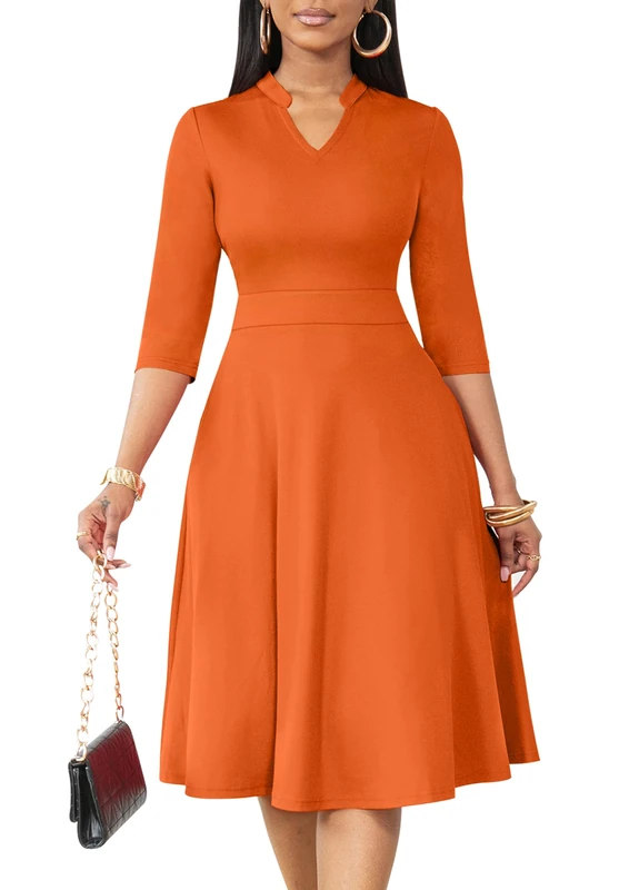 Nmoder Casual Dresses for Women Semi Formal Fit and Flare Dresses 3/4 Sleeve A-line Church Work Dresses with Pockets, Orange, M