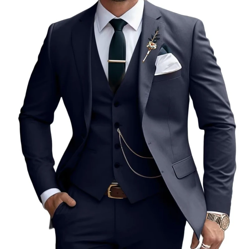 Lanshion Mens Suits Slim Fit 3 Piece Business Wedding Tuxedo Jacket Vest Pants Suit Set, Navy Blue, XXL - Image 1