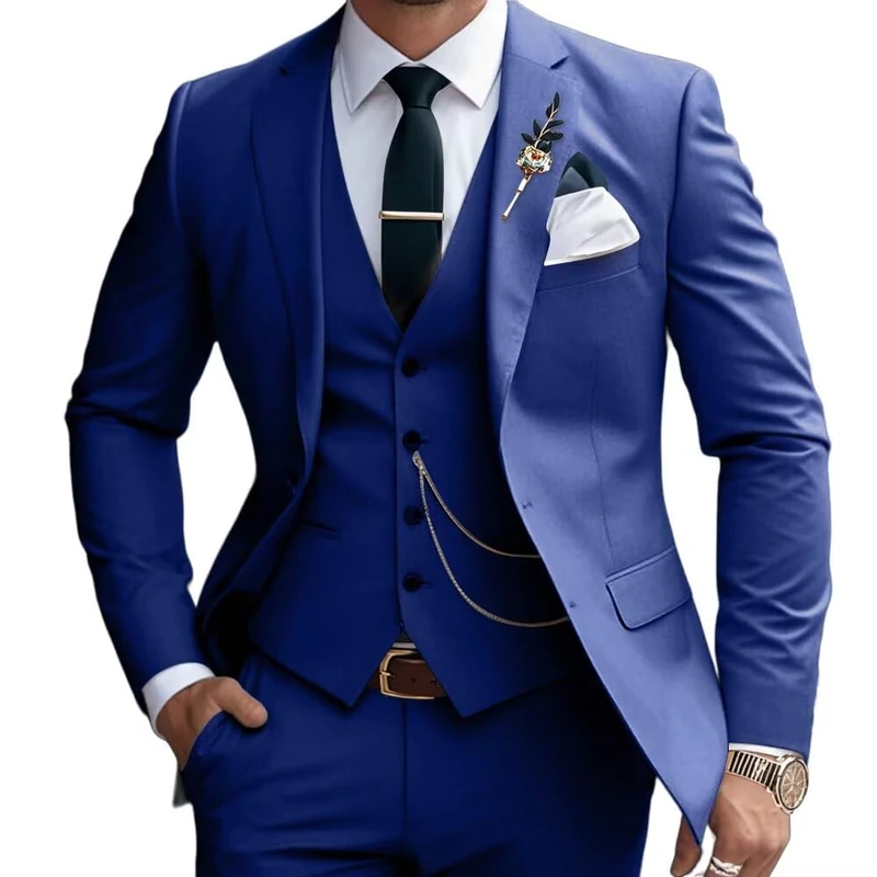 Lanshion 3 Pieces Suits for Men, Men's 2 Button Slim Fit Suit Set Notched Lapel Solid Blazers Vest Pants Set, Royal Blue11, XL