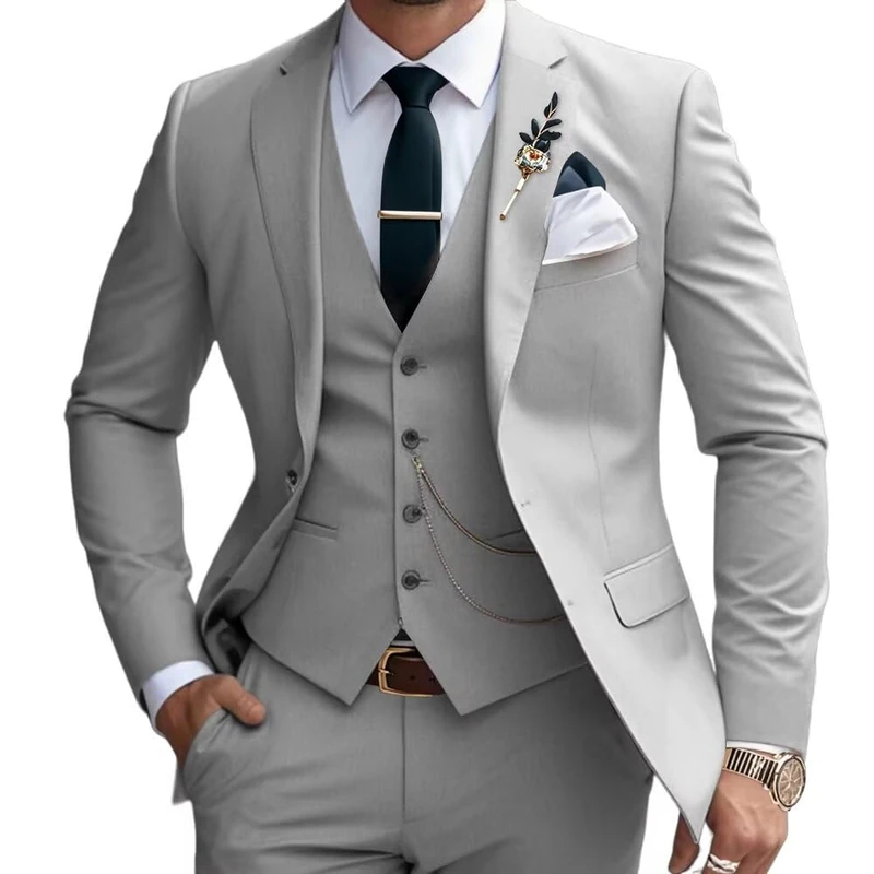 Mens Suits 3 Piece Slim Fit Suit Set Business Wedding Tuxedo Jacket Vest Pants, Grey, XL - Image 1
