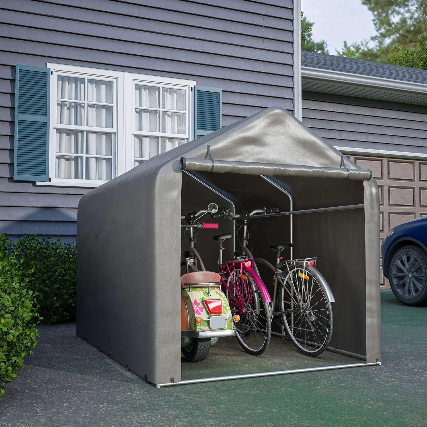 BIRCHTREE 2.2M*1.6M Garden Waterproof Anti-UV Bike Storage Tent Bicycle Motorcycle Shed Shelter Outdoor Backyard Steel Frame PE Cover Zipper Door Large Grey