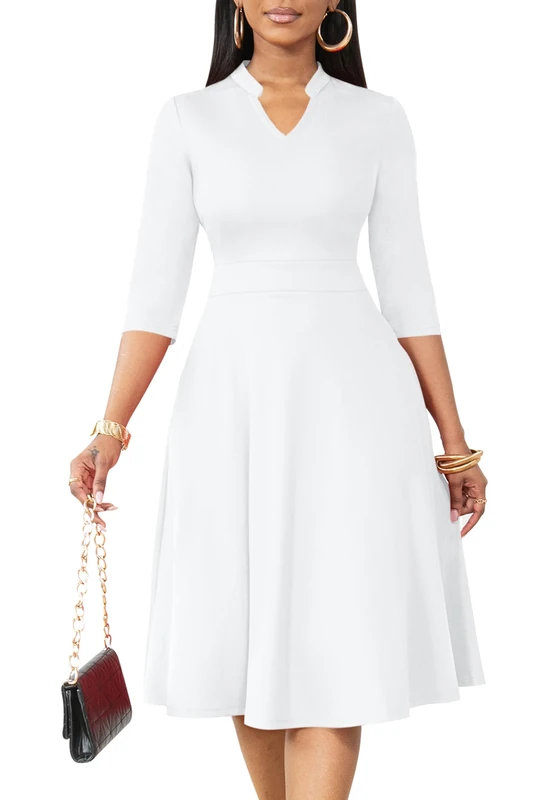 Nmoder Casual Dresses for Women Semi Formal Fit and Flare Dresses 3/4 Sleeve A-line Church Work Dresses with Pockets, White, M