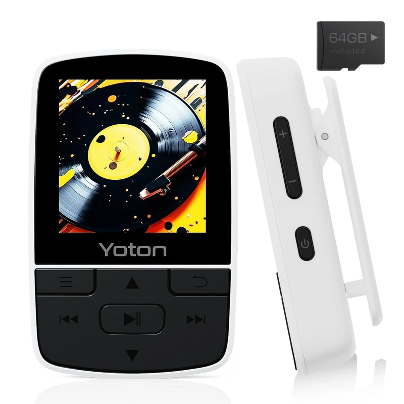 Yoton MP3 Player with Bluetooth 5.2, 64GB Storage, Mini Size, HiFi Music, with Sports Clip, Independent Volume Control, FM Radio, Includes Headphones, White