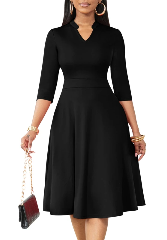 Nmoder Casual Dresses for Women Semi Formal Fit and Flare Dresses 3/4 Sleeve A-line Church Work Dresses with Pockets, Black, L - Image 1