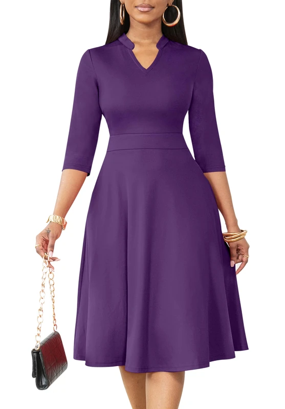 Nmoder Casual Dresses for Women Semi Formal Fit and Flare Dresses 3/4 Sleeve A-line Church Work Dresses with Pockets, Purple, M