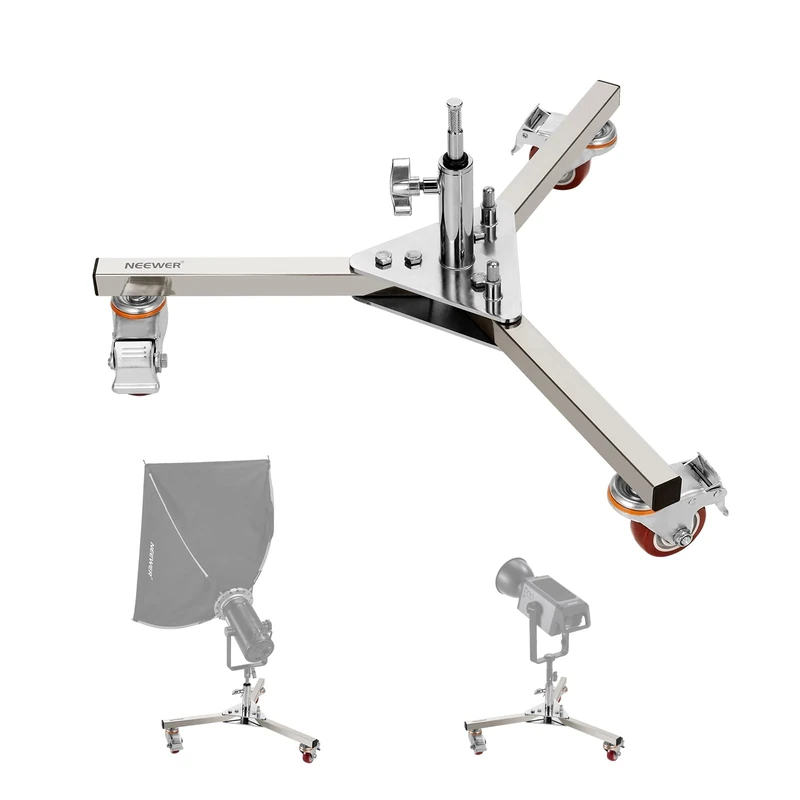 NEEWER Heavy Duty Stainless Steel Light Stand Base with Junior to Baby Adapter for Photography Monolight Flash Video Light, Wheeled Stand Base Fits 1-1/8" (28mm) C Stand Center Column, 165lb/75kg Load