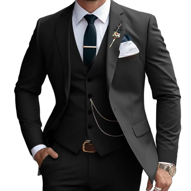 Lanshion 3 Pieces Suits for Men, Men's 2 Button Slim Fit Suit Set Notched Lapel Solid Blazers Vest Pants Set, Black, L