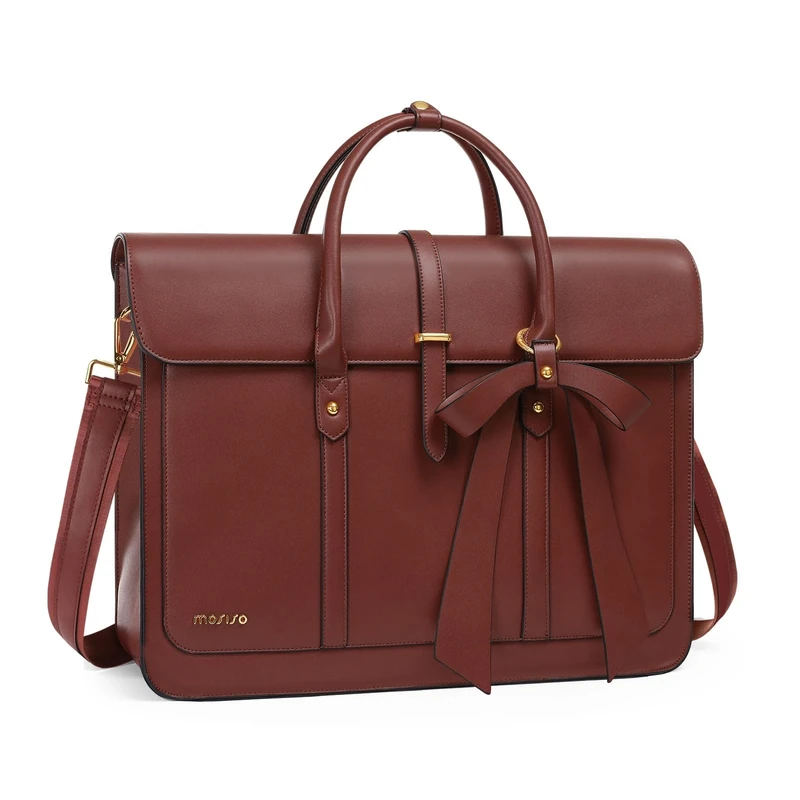 MOSISO Laptop Bag for Women, 17 inch PU Leather Laptop Shoulder Bag Convertible Backpack, 17.3 inch Messenger Bag Casual Handbag Work Briefcase Travel Computer Bag with Bowknot, Brown