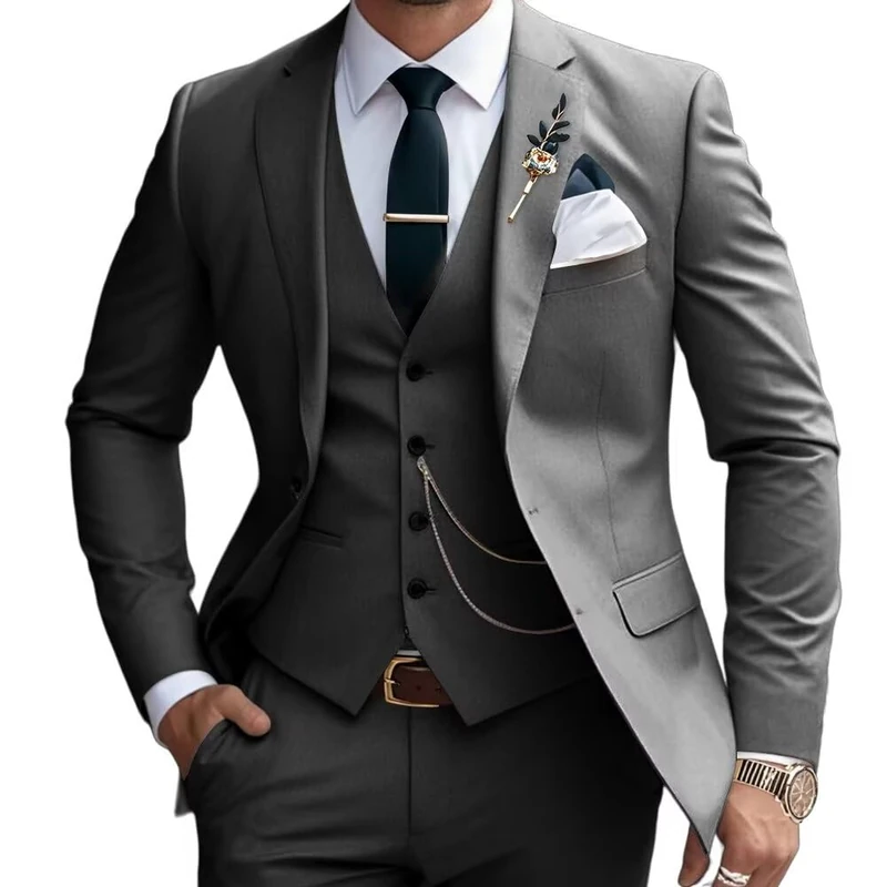 Lanshion 3 Pieces Suits for Men, Men's 2 Button Slim Fit Suit Set Notched Lapel Solid Blazers Vest Pants Set, Dark Grey, 3XL - Image 1