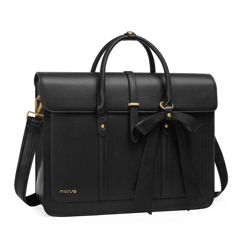 MOSISO Laptop Bag for Women, 17 inch PU Leather Laptop Shoulder Bag Convertible Backpack, 17.3 inch Messenger Bag Casual Handbag Work Briefcase Travel Computer Bag with Bowknot, Black