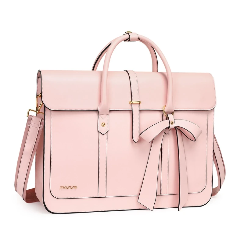 MOSISO Laptop Bag for Women, 17 inch PU Leather Laptop Shoulder Bag Convertible Backpack, 17.3 inch Messenger Bag Casual Handbag Work Briefcase Travel Computer Bag with Bowknot, Pink