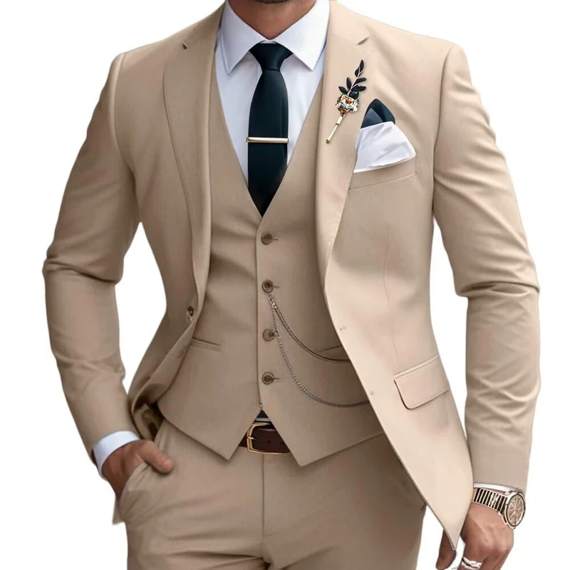 Lanshion 3 Pieces Suits for Men, Men's 2 Button Slim Fit Suit Set Notched Lapel Solid Blazers Vest Pants Set, Champagne, L