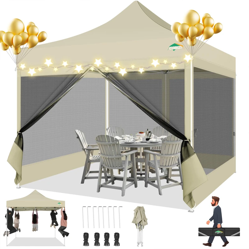 COBIZI Gazebo 3 x 3 Folding Gazebo 3 x 3 Waterproof Stable Party Tent Garden Gazebo UV Protection with 4 Mesh Side Walls Khaki