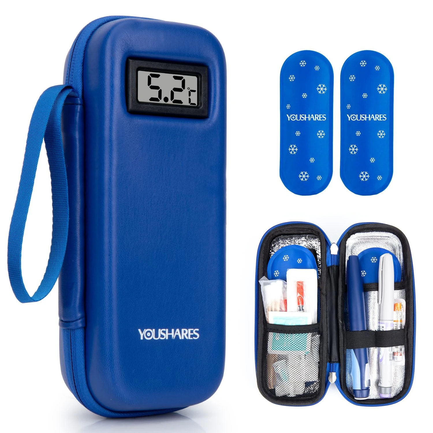 YOUSHARES Insulin Pen Case with Temperature Display - Insulin Cooler Travel Case with 2 Ice Packs, Diabetic Carrying Case for Diabetes Supplies (Blue)