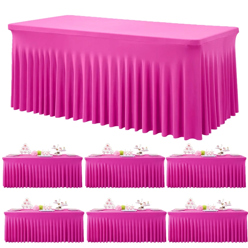 6 Pack Hot Pink Spandex Tablecloth for 6 Foot Rectangle Tables, Wrinkle Free Fitted Table Cloth Cover 6ft Fuchsia Stretchy Tablecloths with Skirt for Parties Weddings Birthday Banquet Baby Shower