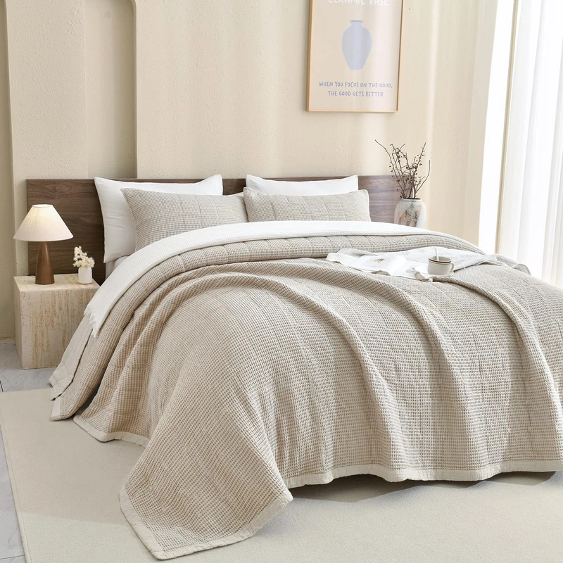 Sanracie Cotton Oversized King Bedspread(120"x120"),Wheat Waffle Weave Quilt Set 3Pcs Soft Lightweight Farmhouse Oversized King Quilt Bedding Set,Luxury Bedding Coverlet for All Seasons