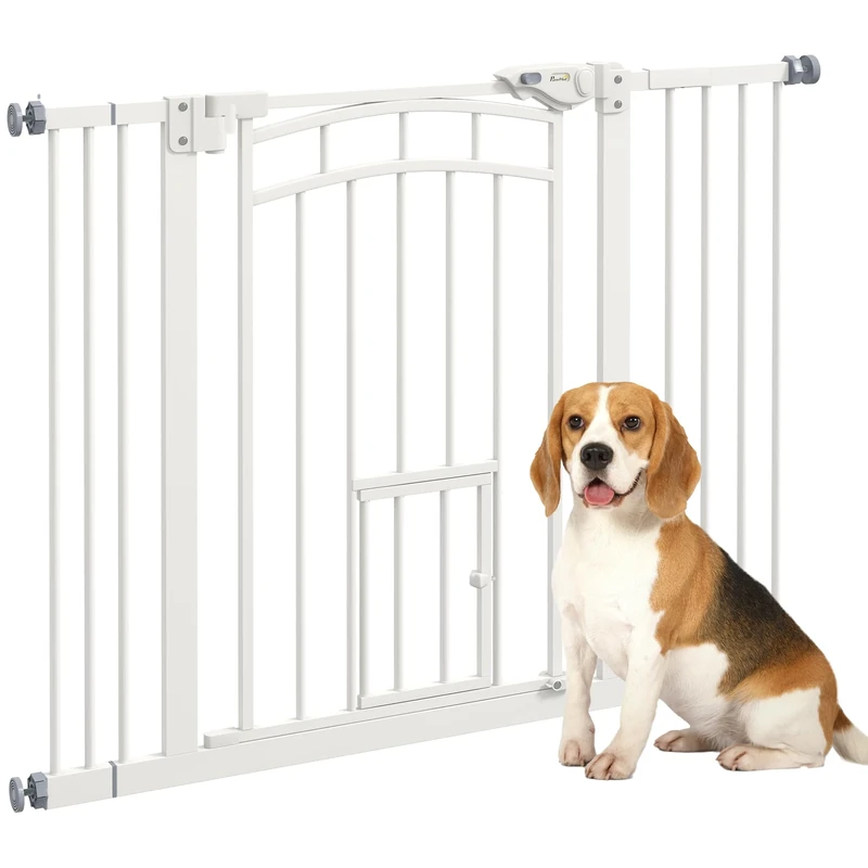 PawHut Pressure Fit Safety Gate, Dog Gate w/Small Cat Door, 74-100cm Openings