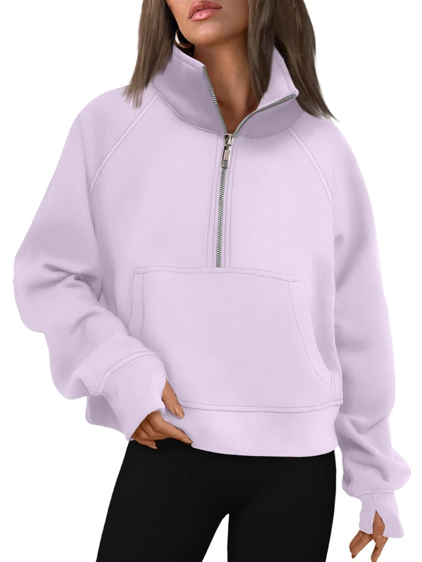 AUTOMET Womens Sweatshirts Half Zip Cropped Pullover Fleece Quarter Zipper Hoodies 2025 Fall Fashion Outfits Clothes, Lightpurple, Large