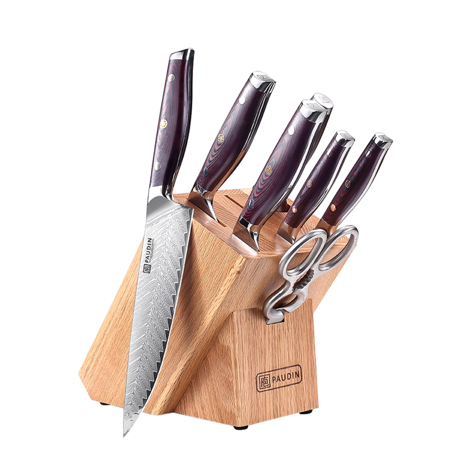 PAUDIN Damascus 8 Pieces Kitchen Knife Set with Block 67-Layers Damascus Steel, Ultra Sharp Japanese Knife Set with Full Tang G10 Handle, Chef Knife Block Set