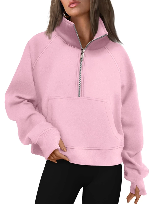 AUTOMET Womens Sweatshirts Half Zip Cropped Pullover Fleece Quarter Zipper Hoodies 2025 Fall Fashion Outfits Clothes, Lightpink, Medium