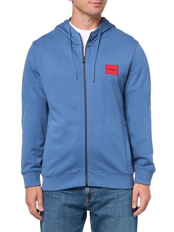 HUGO Men's Regular Fit Square Logo Jersey Hooded Zip Up Sweatshirt, Bijou Blue, XXL