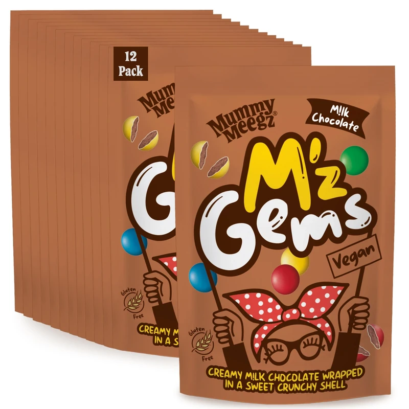 Mummy Meegz M’z Gems Chocolate Flavour Case Pack of 12 Sharing Bags (80g Each) - Vegan Chocolate Sweets with Creamy Centre & Crunchy Shell, No Palm Oil