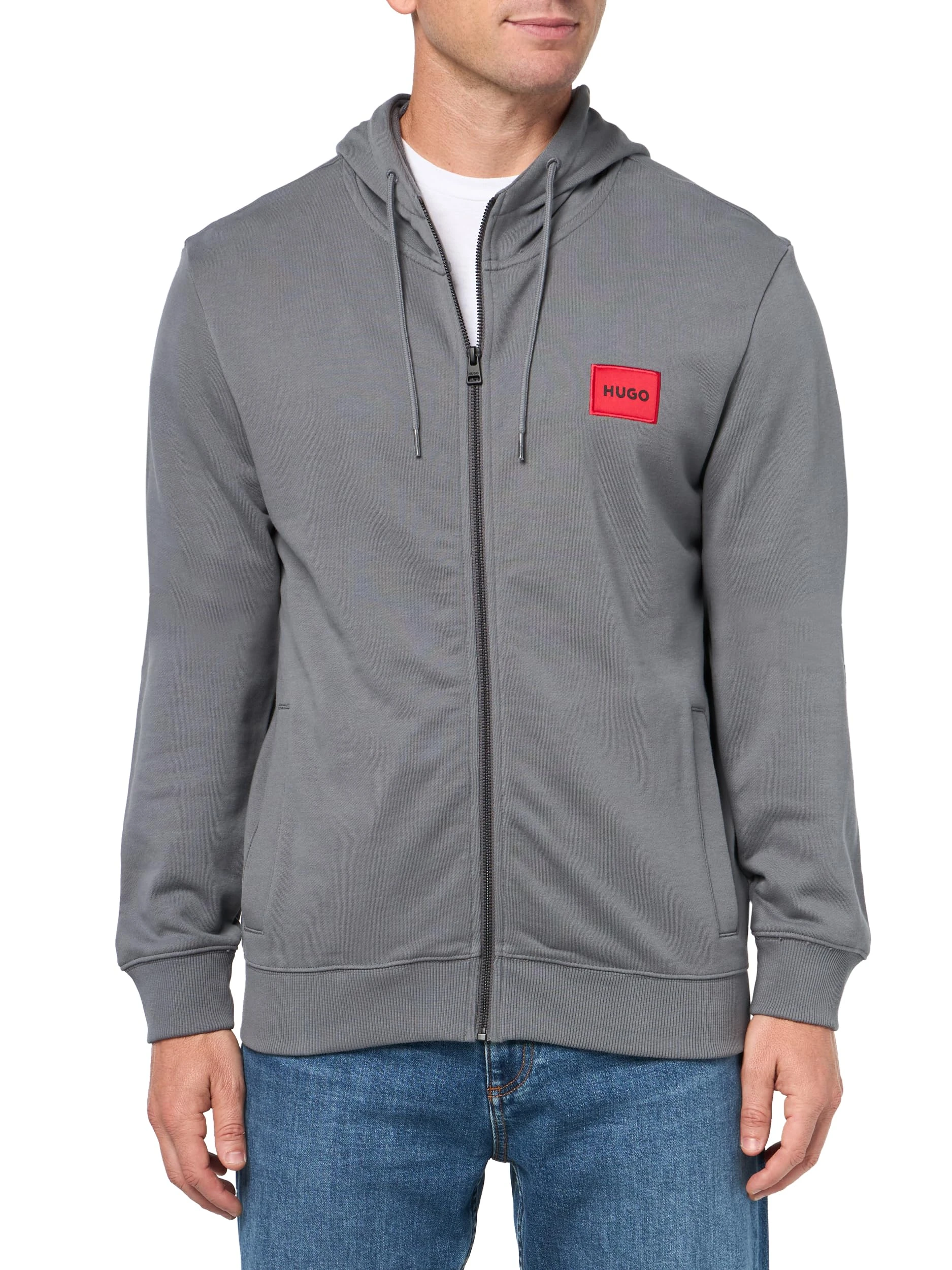 HUGO Men's Regular Fit Square Logo Jersey Hooded Zip Up Sweatshirt, Lava Smoke, M